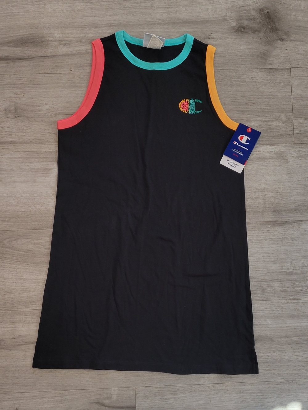 Champion Black Tank Dress with Teal, Coral & Mustard Trim